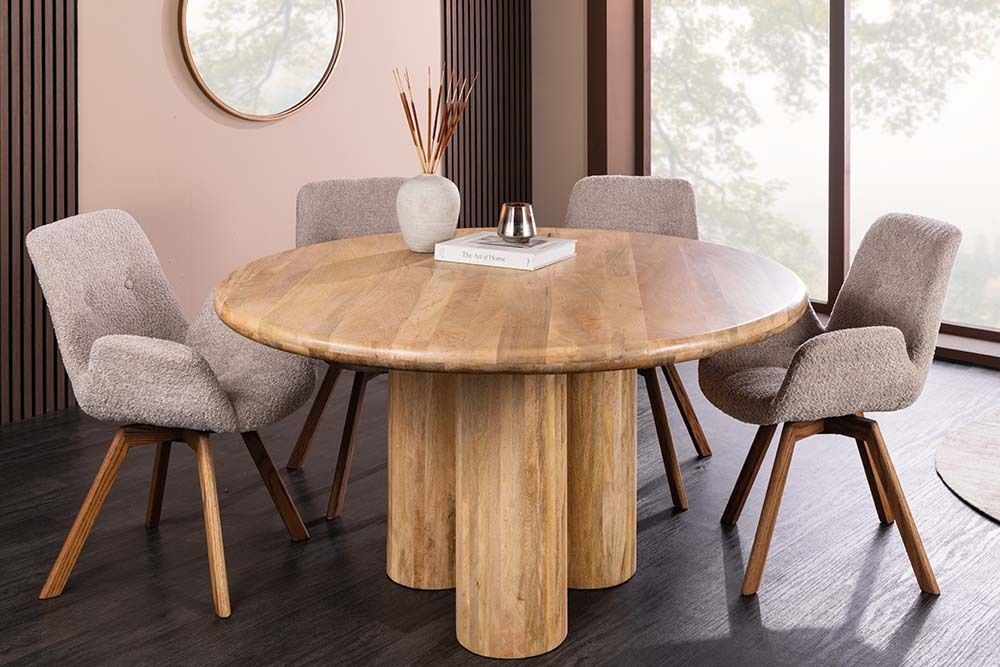 Runder Esstisch ART DECO 140cm natur Mangoholz massiv mit Säulenfüßen