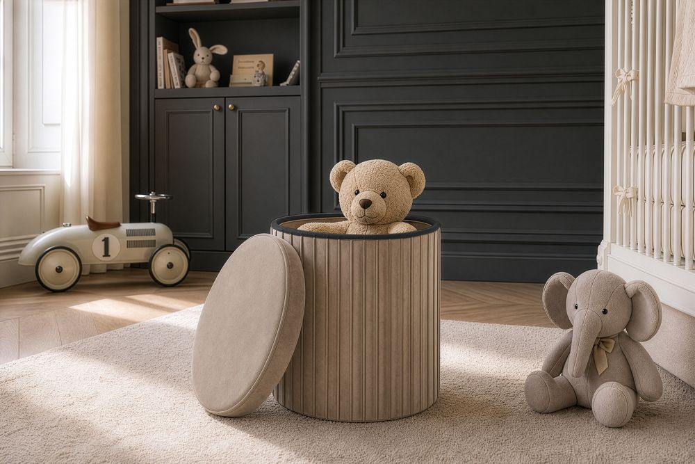 Runder Hocker ÉLAN 40cm champagner greige Samt faltbar mit Stauraum