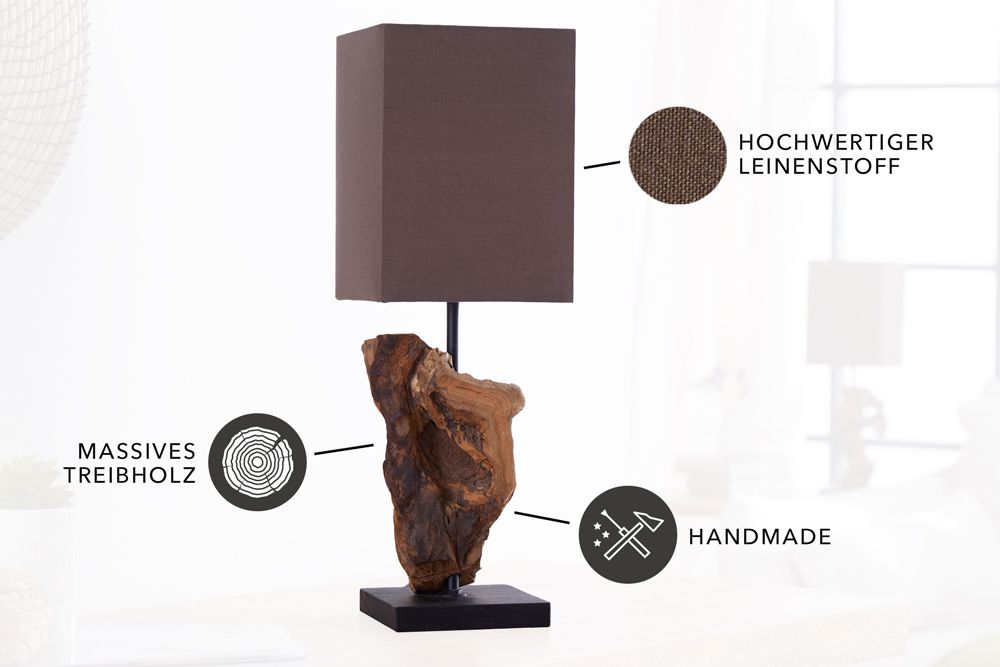 Handgearbeitete Treibholz Tischlampe HYPNOTIC 45cm braun mit Leinenschirm