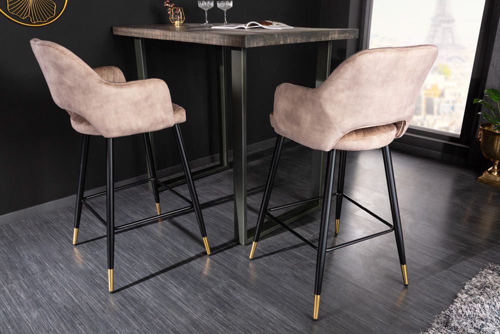 Design Barhocker PARIS greige Samt mit Lehne Metall schwarz gold Ziersteppung