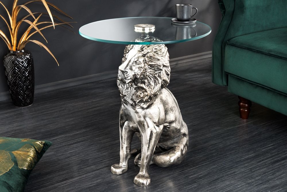 Runder Beistelltisch WILDLIFE LION 60cm silber antik Metall Glas Löwen Skulptur » Jetzt kaufen