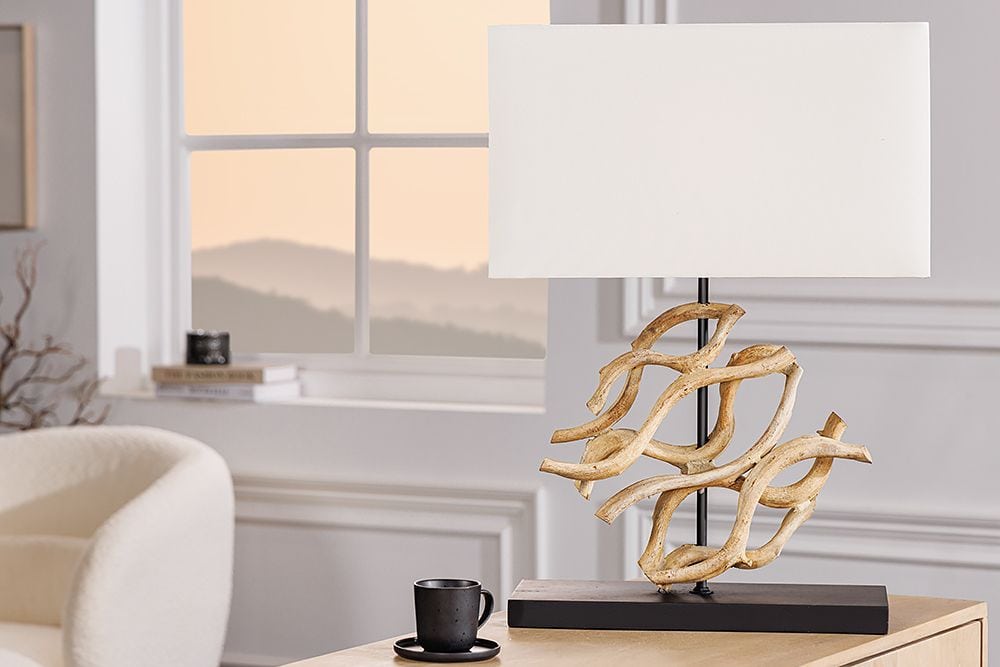 Design Tischlampe WAVE 60cm natur Massivholz handmade weiß Baumwollschirm » Jetzt kaufen