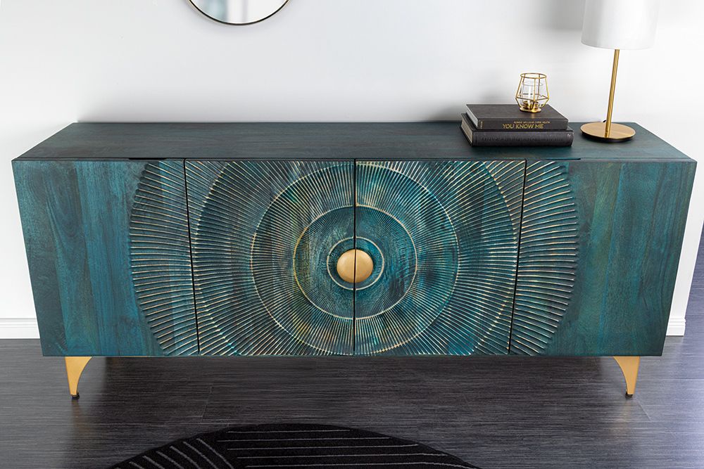 Handgearbeitetes Sideboard GOLDEN SUNSET 180cm türkis gold Mangoholz Metallbeine