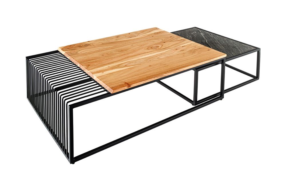 2er Set Couchtische ARCHITECTURE 90cm natur Akazienholz schwarz Steinfurnier Metall