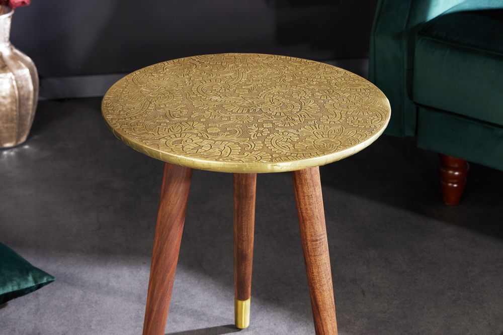 Design Beistelltisch ALCAZAR 50cm antik gold Metall Mangoholz Handarbeit rund