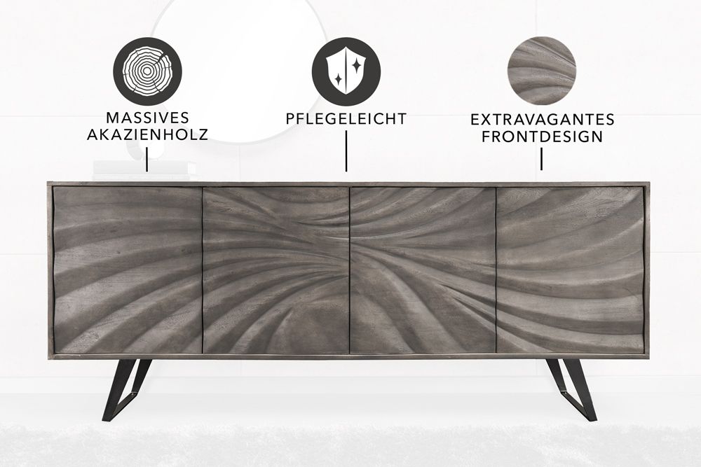 Massivholz Sideboard HURRICANE 175cm grau Akazie 3D-Design