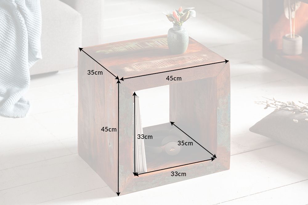 Massiver Beistelltisch JAKARTA 45cm bunt Cube aus recyceltem Holz Regal