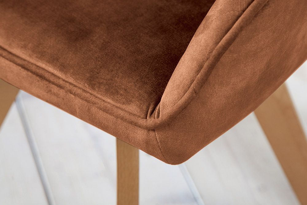Drehbarer Design Stuhl LIVORNO rost braun Samt Buchenholz Beine mit Armlehnen