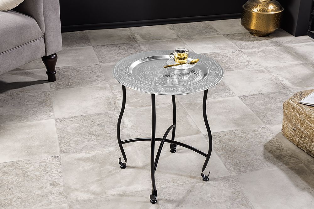 Runder Beistelltisch MARRAKESCH 50cm silber Teetisch abnehmbares Tablett klappbar