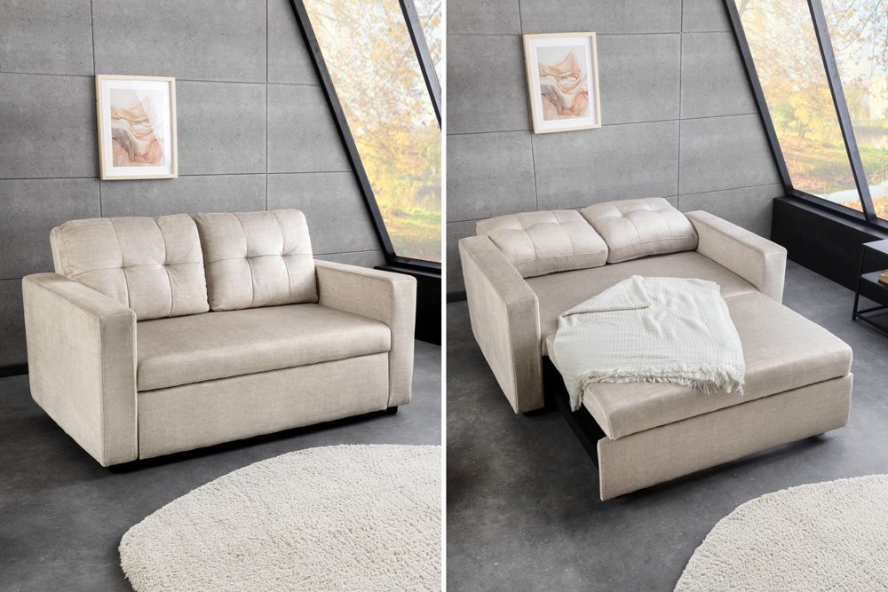 Sofa mit Schlaffunktion SMART 140cm champagner beige hochwertiger Vogue Seiden Samtstoff