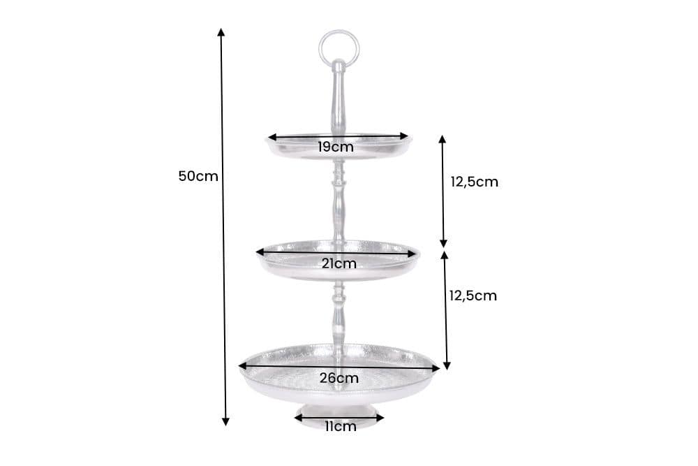 Design Etagere ORIENT 50cm silber im Wild Hammerschlag mit drei Etagen