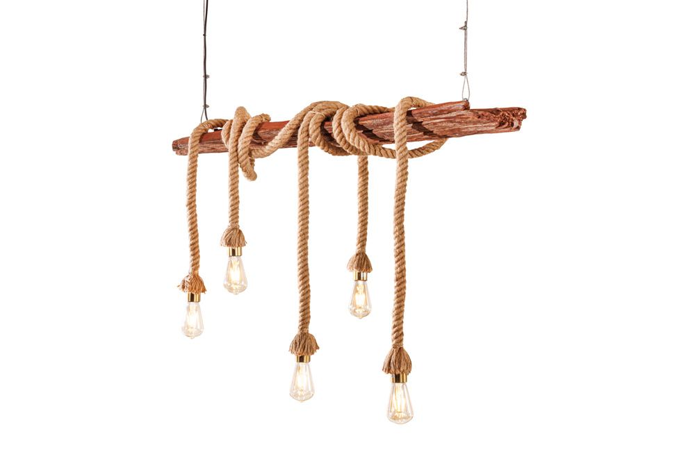 Maritime Hängeleuchte SEVEN SEAS 110cm Massivholz Seil Deckenlampe 5 Leuchten