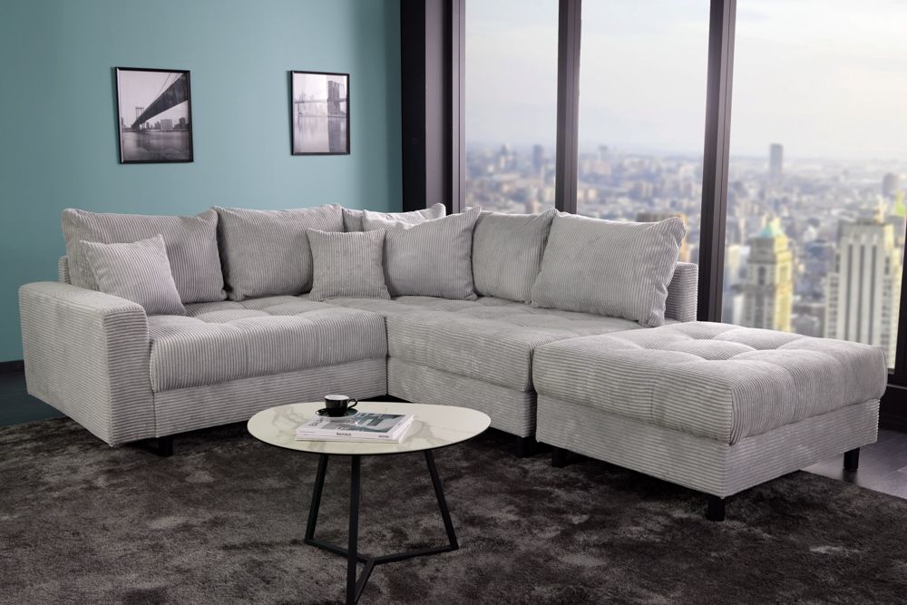 Modernes Ecksofa KENT 220cm hellgrau Cord inkl. Hocker Federkern L-Form Wohnlandschaft