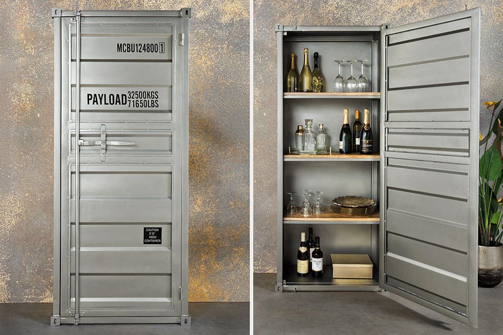 Design Aktenschrank GLOBETROTTER 180cm grau Eisen Container Upcycling Highboard