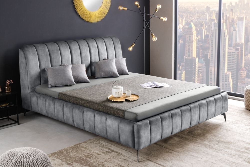 Retro Bett AMSTERDAM 160x200cm grau Samt schwarz Metall Polsterbett