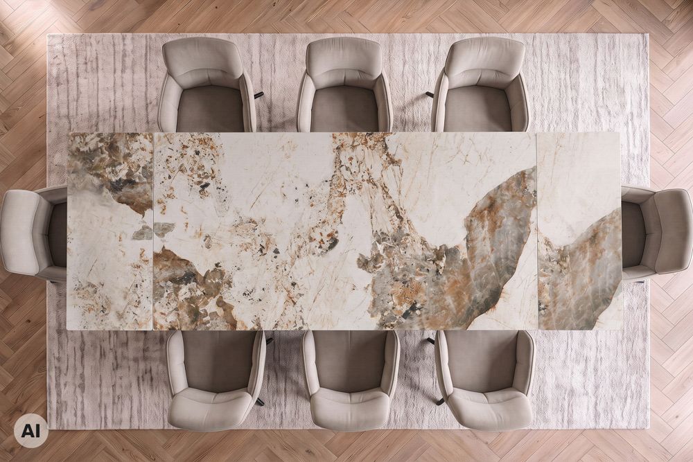 Design Esstisch DIAMOND 180-260cm weiß braun Pandora Keramik Metallgestell bronze