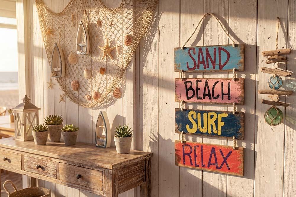 Maritimes Wandschild SURF & BEACH 110cm buntes Holzdesign Deko-Schild