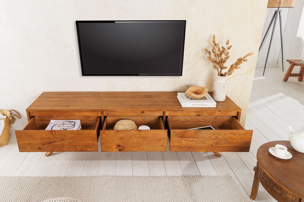Massives TV-Board FINCA 180cm vintage braun recyceltes Pinienholz mit Schubladen