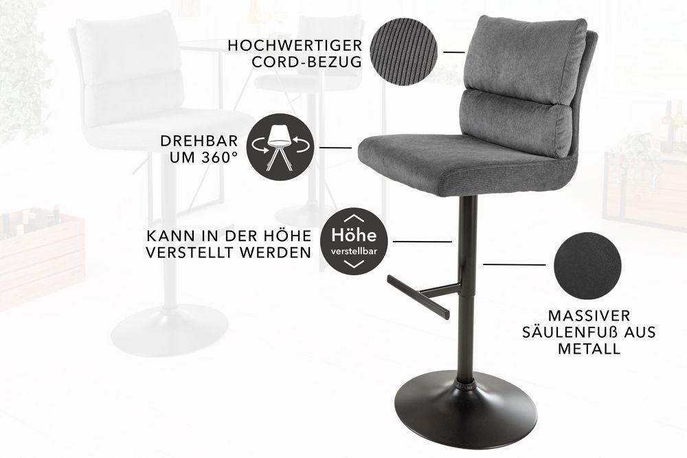 Höhenverstellbarer Barhocker COMFORT grau Cord drehbar mit Lehne Metall schwarz