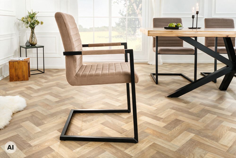 Industrial Freischwinger LOFT taupe Cord schwarz Eisen mit Armlehne