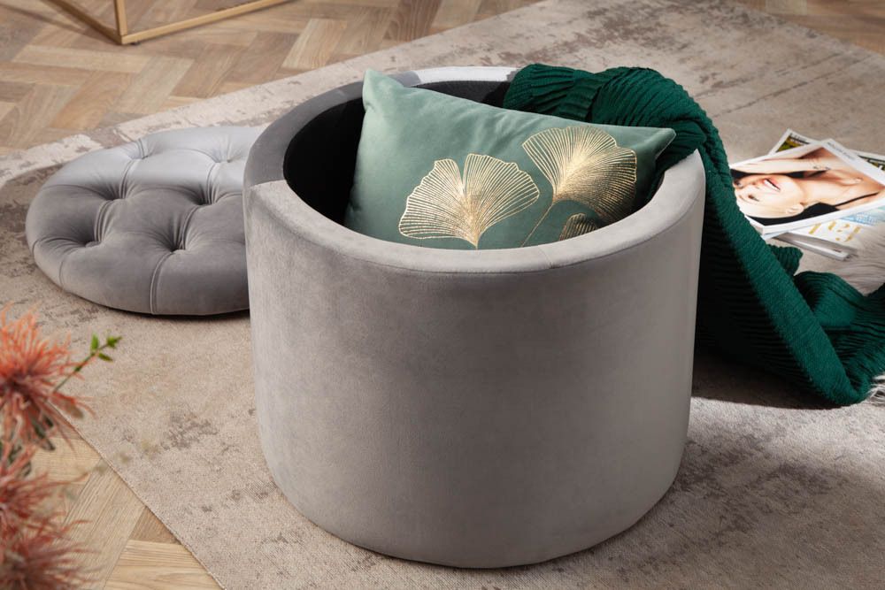 Eleganter Hocker MODERN BAROCK 50cm silbergrau Samt Aufbewahrungkorb