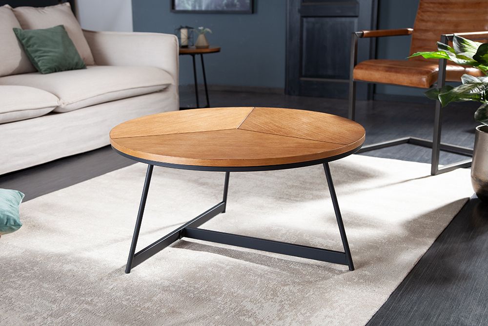 Runder Couchtisch OAK ELEGANCE 80cm Eiche Holz-Design schwarzes Metallgestell