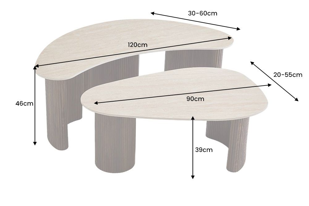 2er Set Couchtische OSAKA 120cm champagner greige Travertin Keramik Walnuss