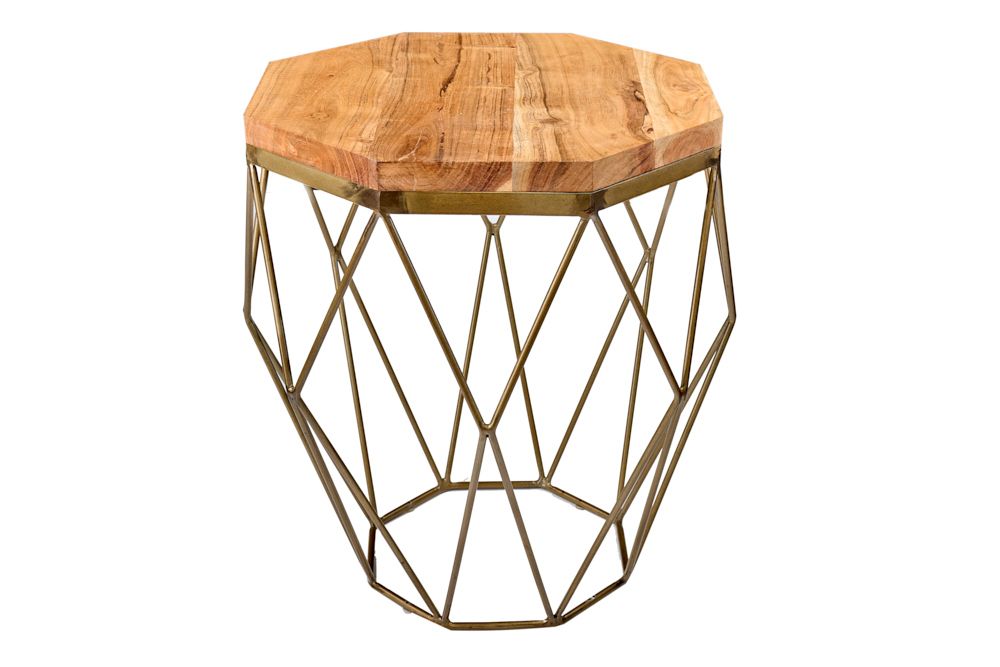 Abstrakter Beistelltisch DIAMOND 50cm natur Akazie Massivholz messing Metallgestell