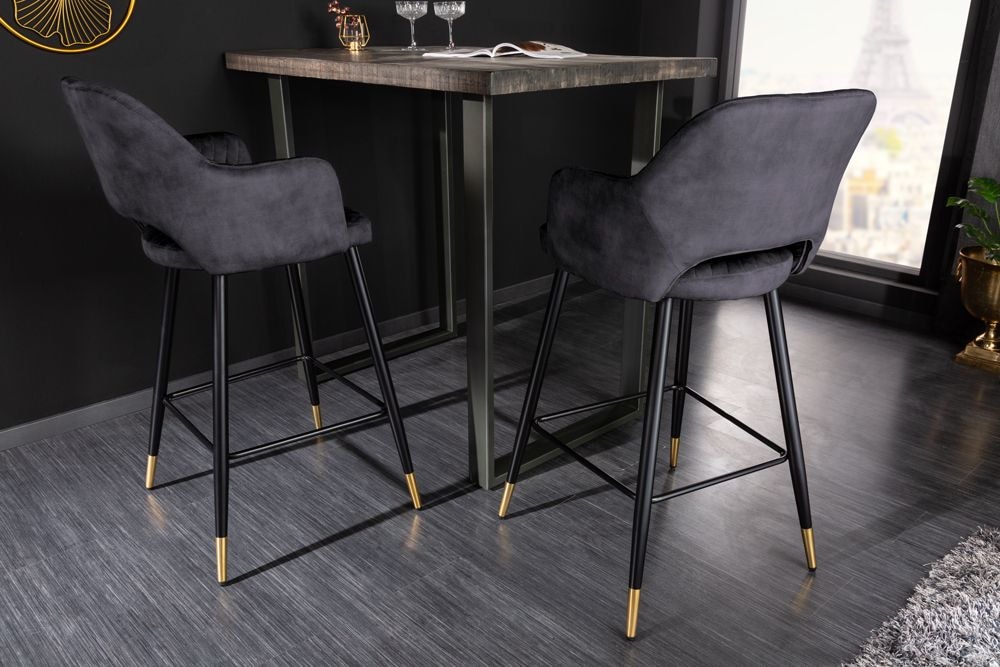 Design Barhocker PARIS grau Samt mit Lehne Metall schwarz gold Ziersteppung