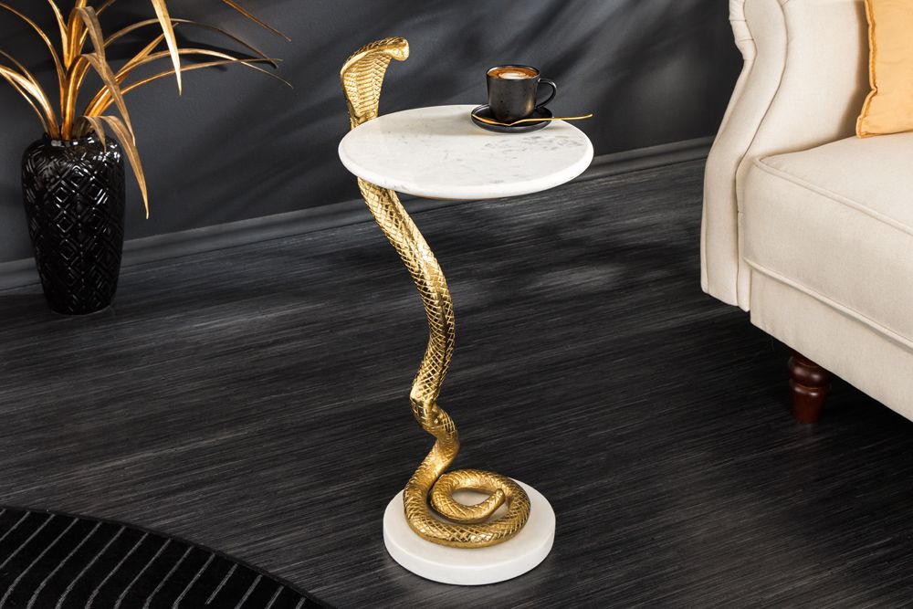 Runder Beistelltisch WILDLIFE COBRA 65cm gold weiß Marmor Schlangen-Skulptur handmade