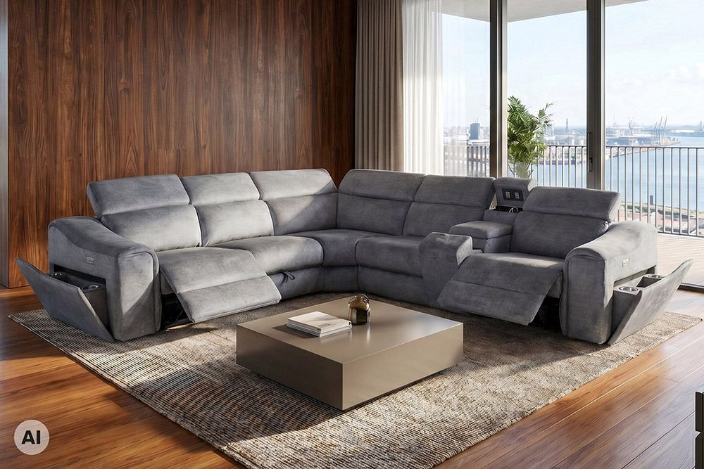 Multifunktionales Ecksofa PRIME 300cm grau Vogue Seiden Samtstoff Relaxfunktion