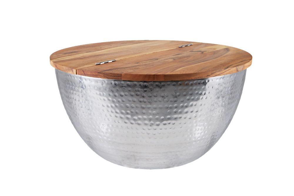 Runder Couchtisch ORIENT STORAGE 60cm silber Akazienholz mit Stauraum Hammerschlag handmade