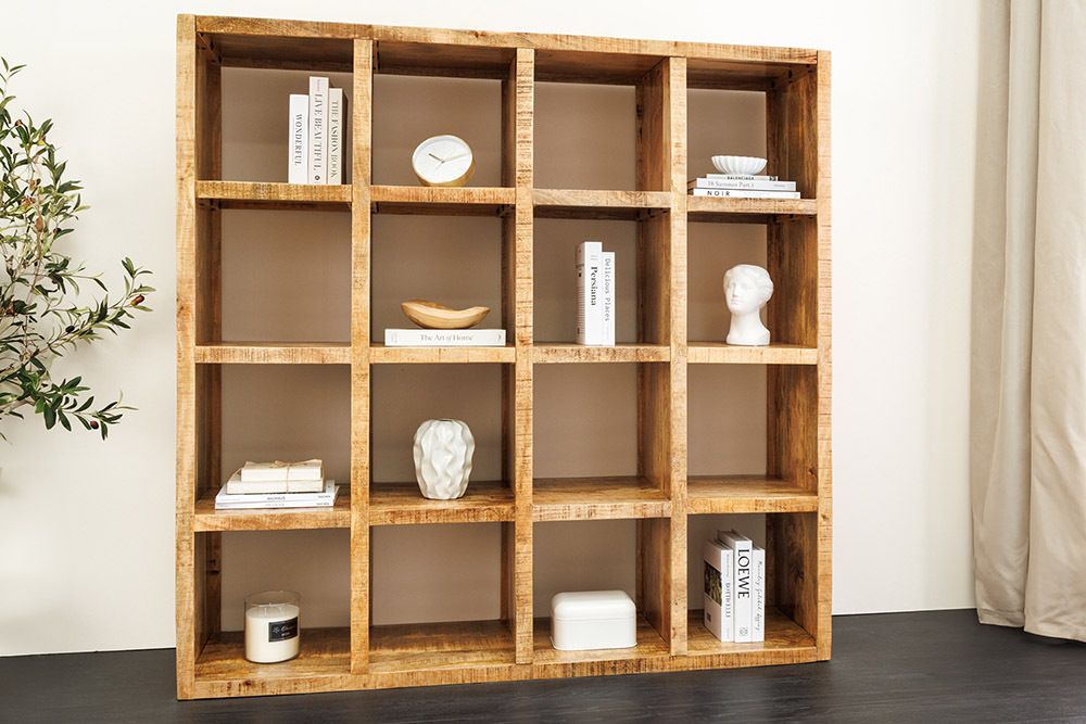 Massives Regal IRON CRAFT 160cm natur Mangoholz Bücherregal sechzehn Fächer