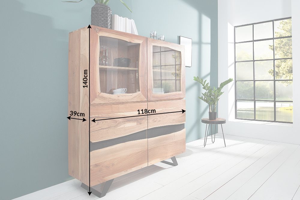 Massives Highboard AMAZONAS 140cm Akazie Metall Vitrine Baumkante