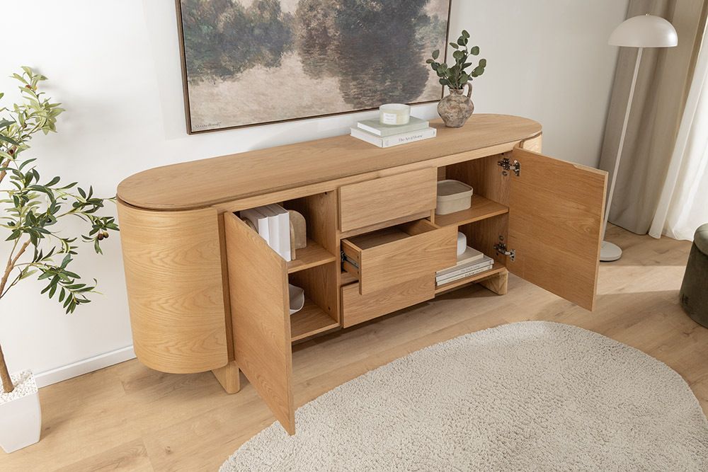 Modernes Sideboard OAK GRAIN 160cm natur Eichenholz vier Fächer mit drei Schubladen
