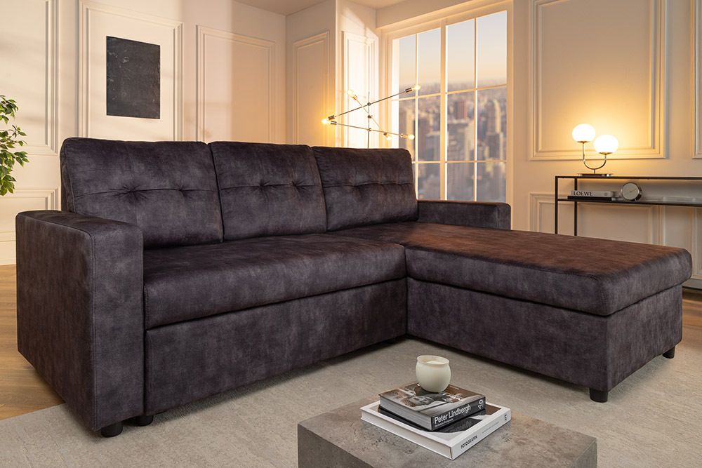 Ecksofa mit Schlaffunktion APARTMENT beidseitig aufbaubar grau Samt inkl. Stauraum