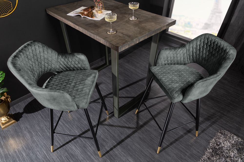 Design Barhocker PARIS grün Samt mit Lehne Metall schwarz gold Ziersteppung