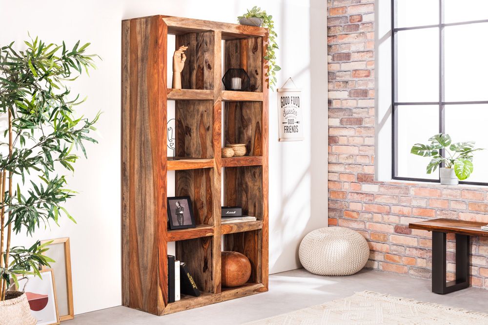 Massives Regal MAKASSAR 180cm Sheesham Holz smoke finish 8 Fächer handmade