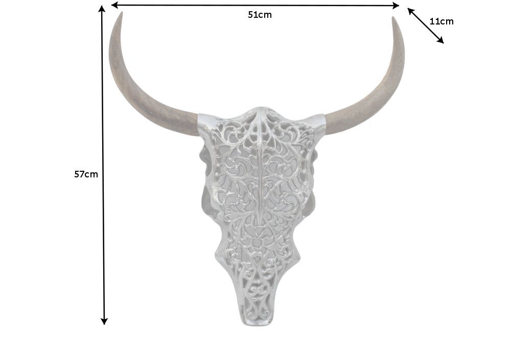 Extravagante Wanddekoration EXOTIC BULL 60cm silber Mangoholz Stierkopf