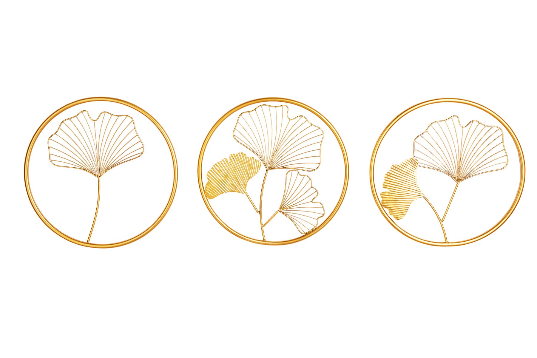 Elegante Wanddeko 3er Set GINKGO 40cm gold in filigraner Blattform