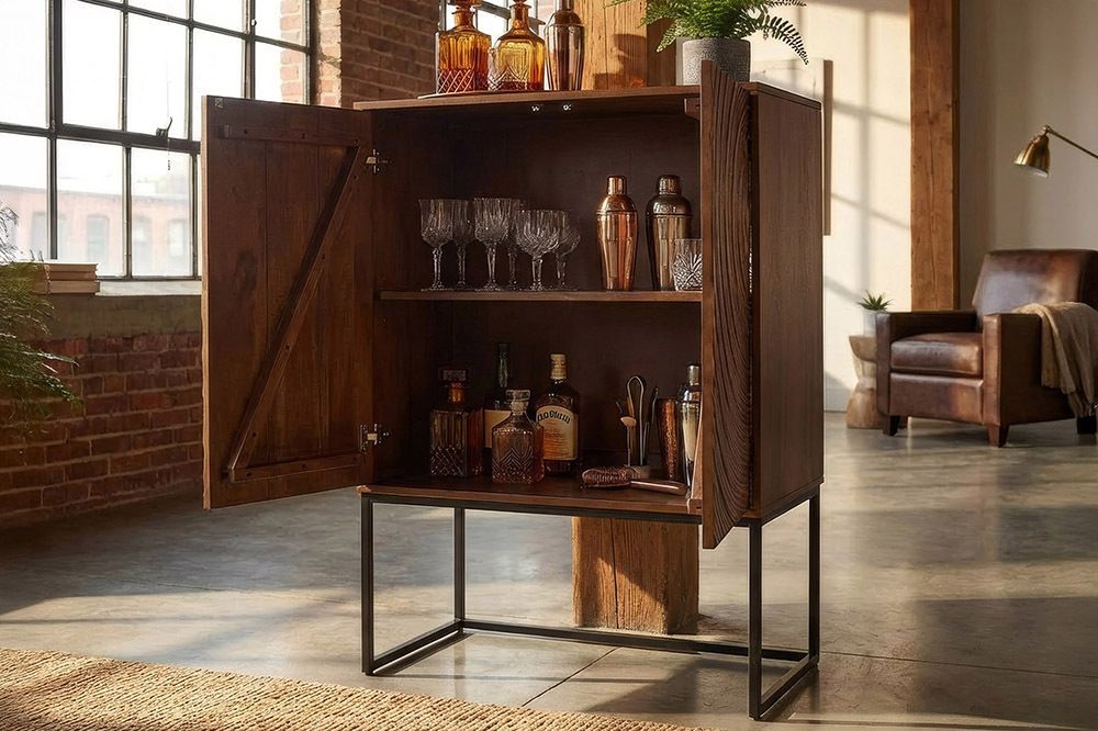 Design Highboard ORBIT 120cm braun Mangoholz mit 3D-Front schwarz Metall