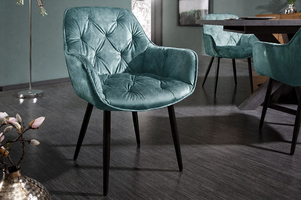 Design Stuhl MILANO petrol Samt mit Armlehne Ziersteppung gepolstert schwarze Metallbeine