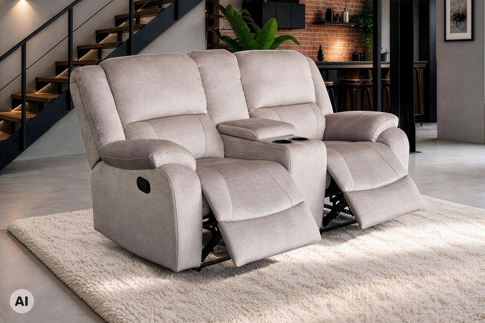 Exklusiver 2er Kinosessel HOLLYWOOD champagner beige hochwertiger Vogue Veloursstoff mit Cupholder