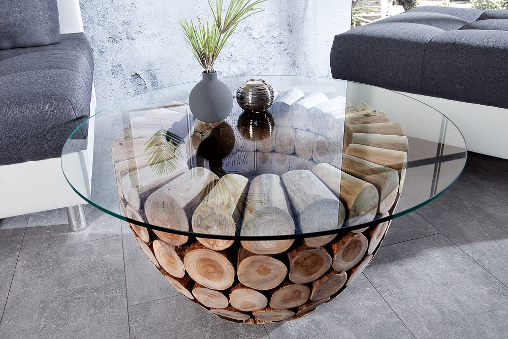 Handgearbeiteter Couchtisch PURE NATURE 70cm Teak Massivholz rund mit Glasplatte