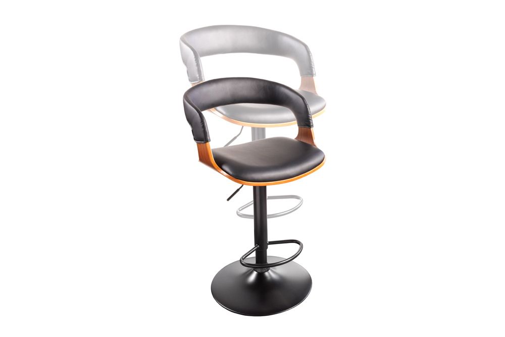 Retro Barhocker MANHATTAN schwarz Kunstleder Walnussholz drehbar höhenverstellbar