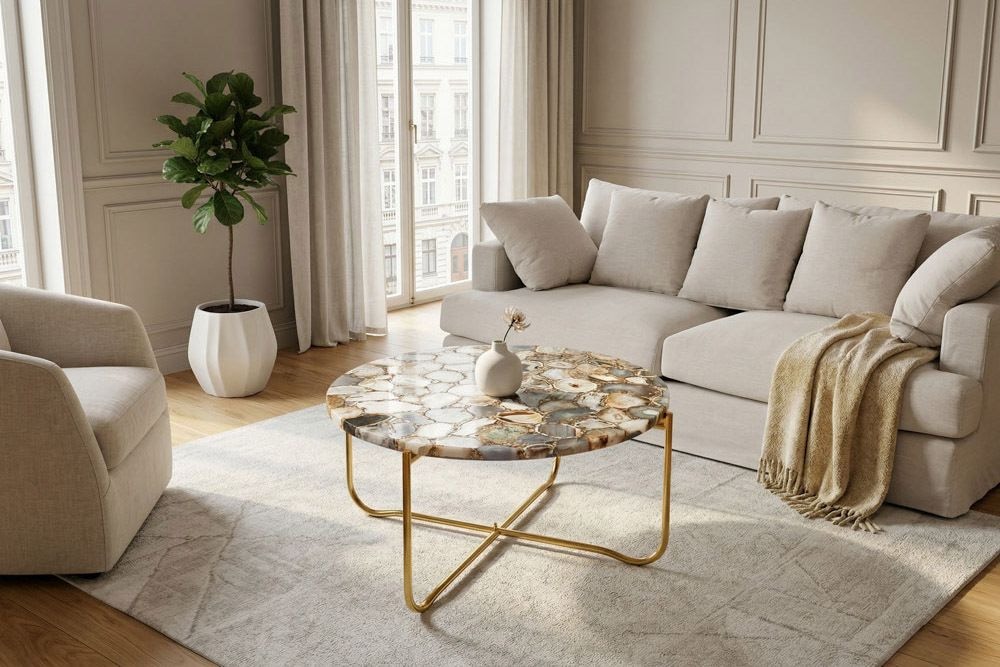 Runder Couchtisch NOBLE 65cm Edelstein Achat abnehmbare Tischplatte goldenes Metallgestell