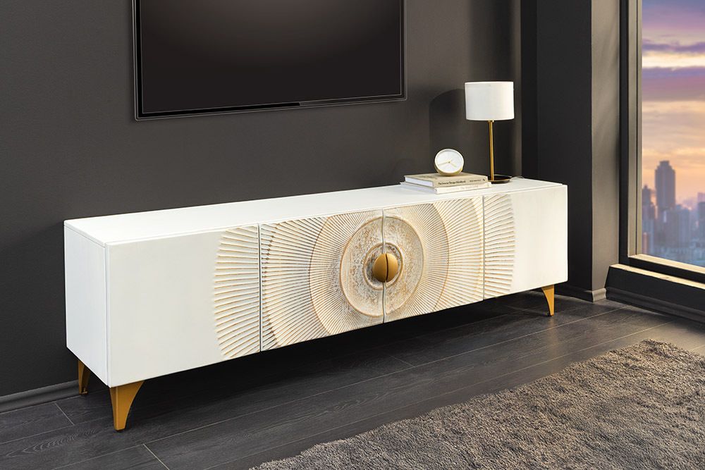Massives TV-Lowboard GOLDEN SUNSET 180cm weiß gold Mangoholz 3D Schnitzereien Metallfüße