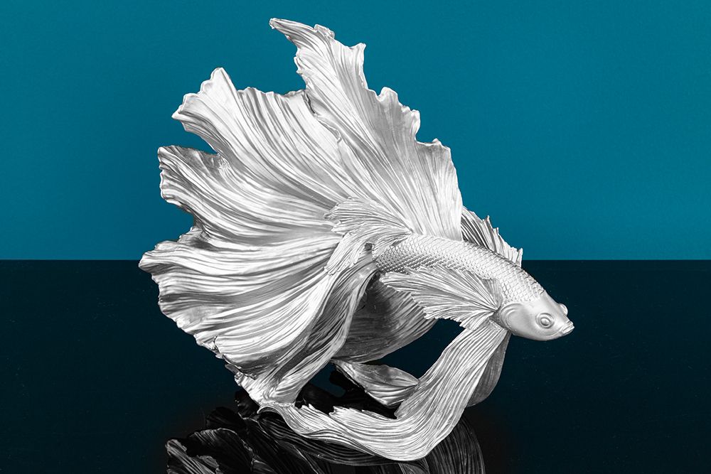 Design Deko Figur Kampffisch CROWNTAIL 35cm silber Betta Fisch Skulptur