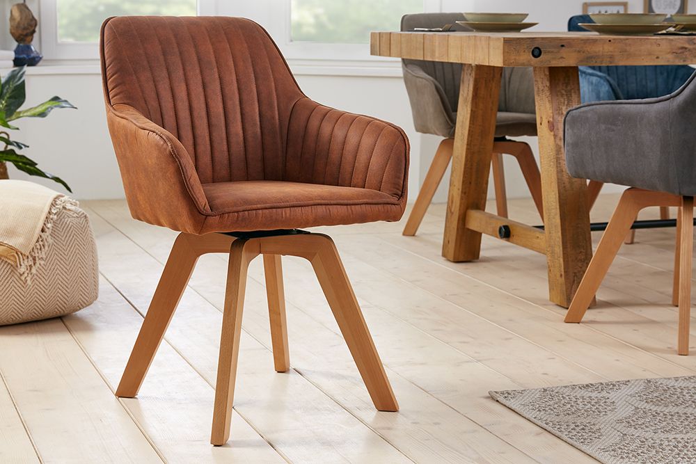 Drehbarer Design Stuhl LIVORNO vintage braun Buchenholz Beine mit Armlehnen