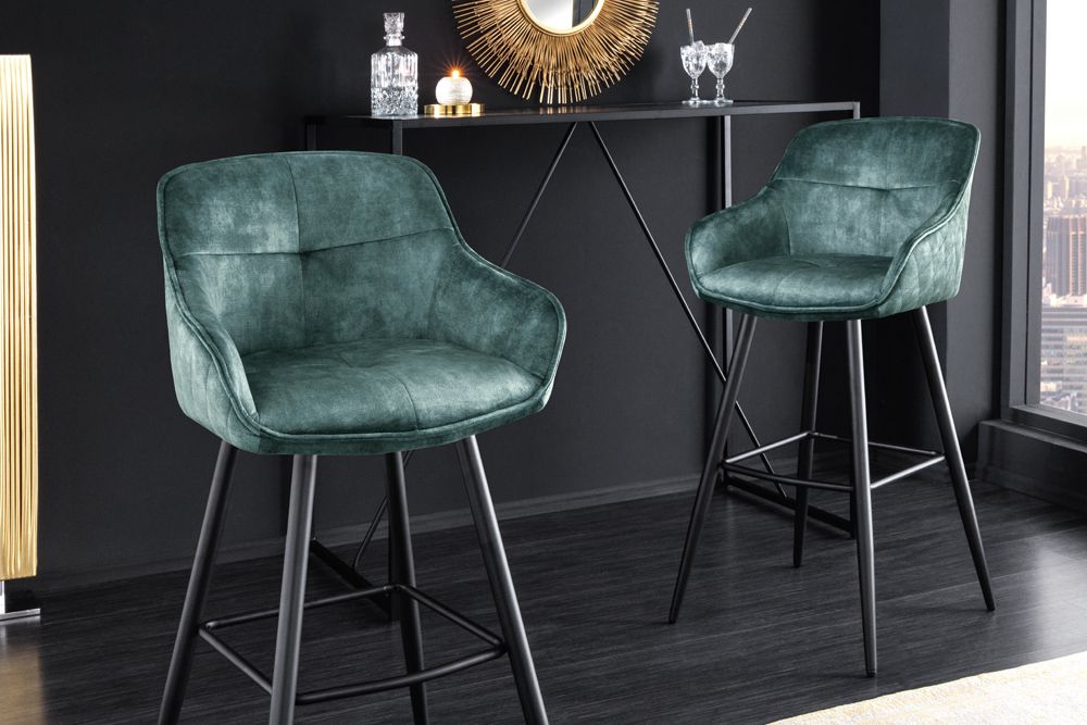 Design Barhocker EUPHORIA petrol Samt schwarze Metallbeine Barstuhl mit Lehne